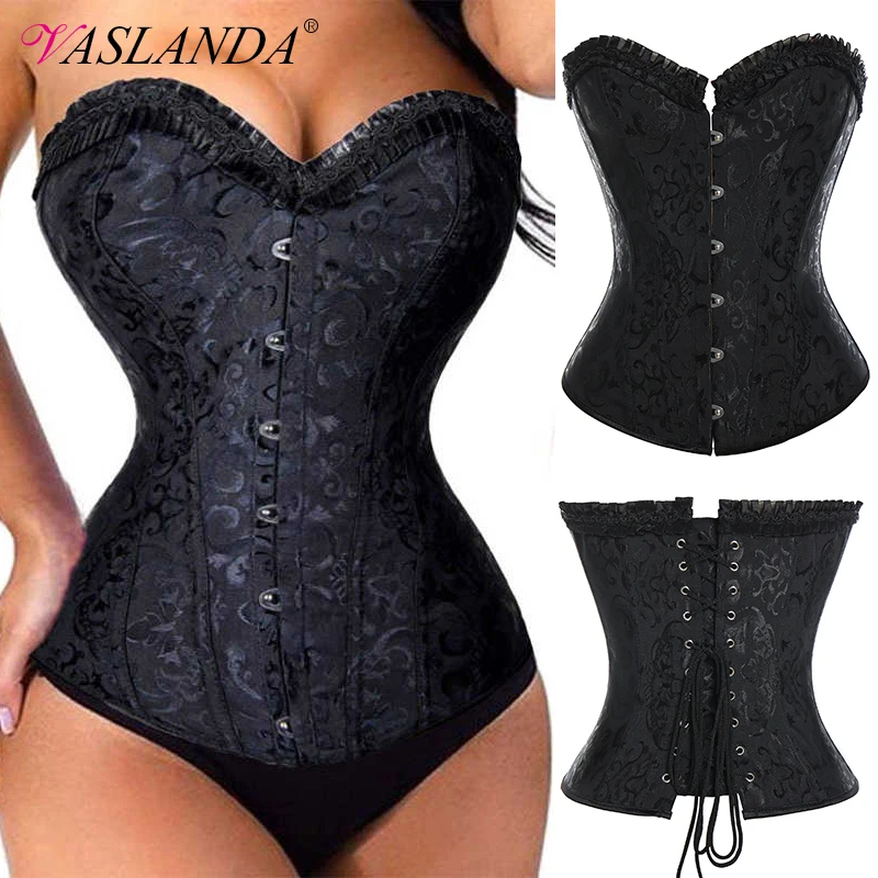 

Women Bustiers & Corsets Jacquard Waist Training Corset Lace up Steel Boned Overbust Bustier Top Retro Gothic Steampunk Corselet