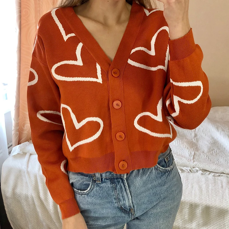 

ZXQJ Women Orange Knitted Cardigan 2021 Autumn Fashion Ladies Casual Love Pattern Long Sleeve Sweater Female V Neck Sweater
