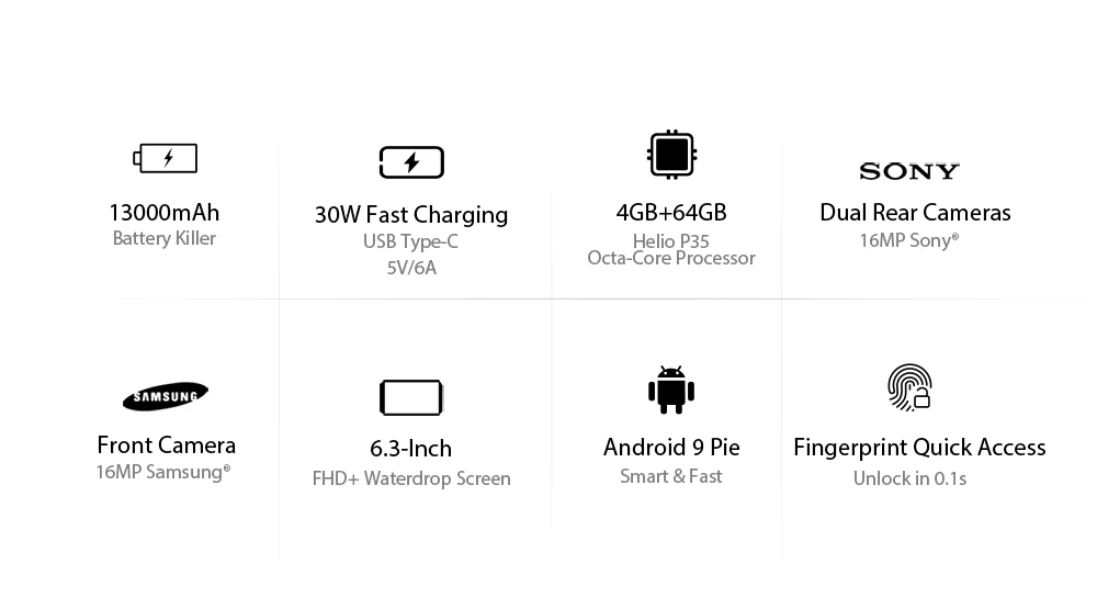 Blackview BV9100 IP68 Водонепроницаемый 6,3 дюймов 4 Гб ОЗУ 64 Гб ПЗУ MT6765V Восьмиядерный Android 9,0 NFC 13000 мАч 30 Вт Быстрая зарядка смартфон