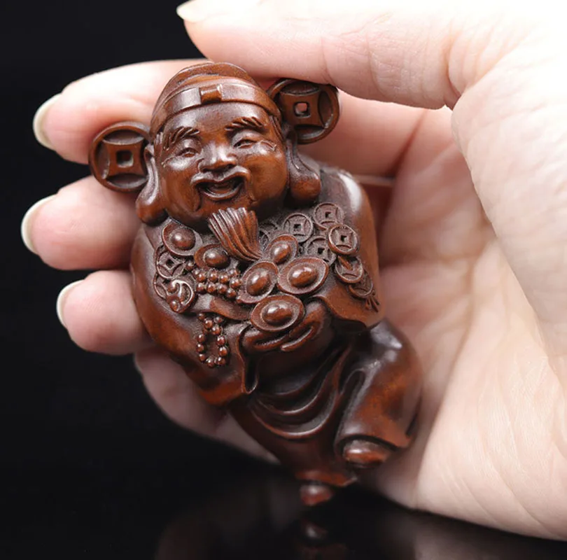 

7X4X3 CM God of Wealth Hand Carved Boxwood Figurine Carving Lucky Netsuke Buddha Pendant Zodiac Rat Home Decor - #W046