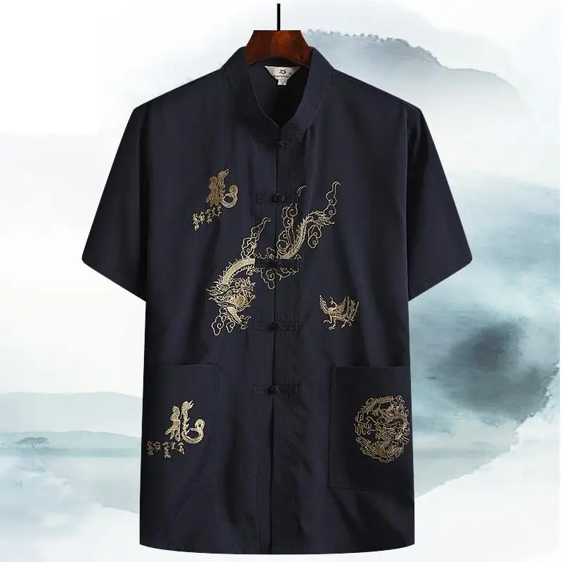 

Костюм мужской из хлопка и льна с коротким рукавом, традиционная китайская вышивка, униформа кунг-фу, костюм Тан, пальто, лето