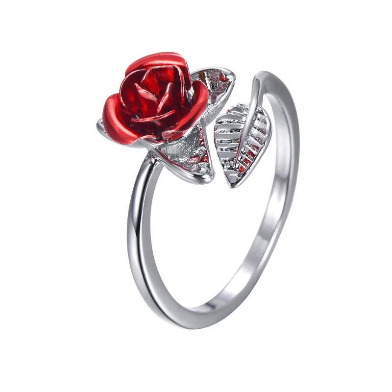 

Milangirl Ladies Ring Red Rose Garden Flower Leaves Open Ring Resizable Finger Rings for Women Valentine's Day Gift Jewelry