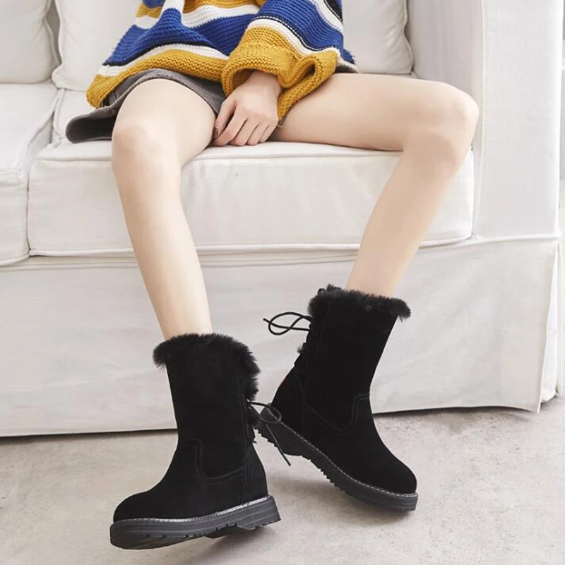 Winter Leather Warm Snow Shoes Women Boots mid-calf Plush Fur Velvet Boots Female shoes Booties Woman Footwear y190