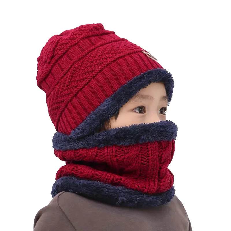 

Keep Warm Kids Child Boys Girls Winter Fleece Hat Scarf Good Quality Thicken Knit Windproof Hat Bib