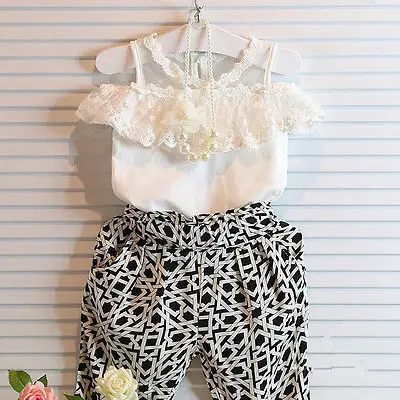 

Pudcoco Girls Fashion Baby Kids Summer Lace Floral Sleeveless Tops+Print Pants Clothes Set Shirt Tops Haren Pants Outfits Set