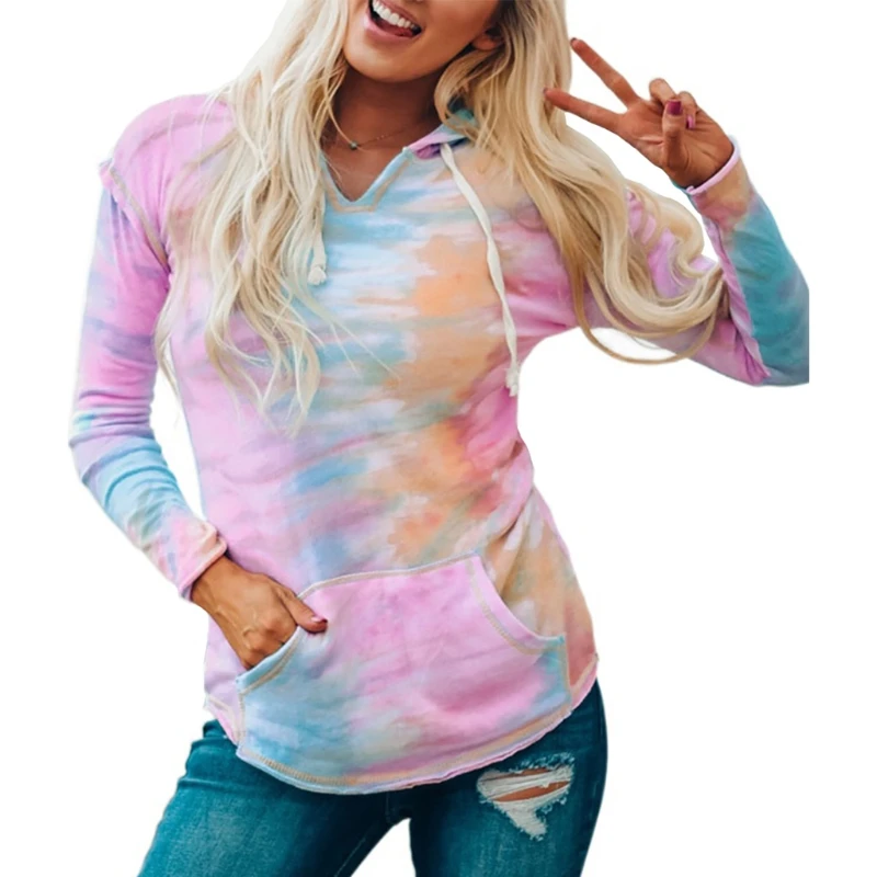 

Women Colorful Tie-Dye Sweatshirt Long Sleeve V-Neck Drawstring Loose Hoodies BX0B