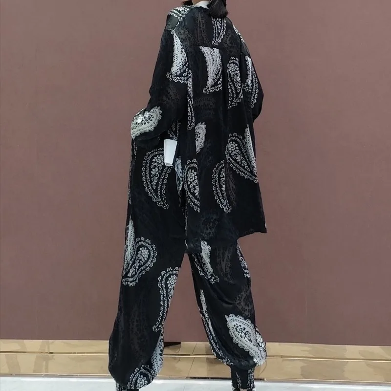 

Women Summer Fashion Loose Printing Harem Pants Set Streetwear Cardigan Jacket Casual Trousers Two Piece Set Female White Black