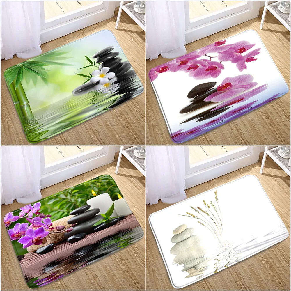 

Zen Stone Printing Bath Mat Flannel Carpet Garden Green Leaf Plant Pattern Bathroom Non-slip Rug Shower Home Decoration Doormat