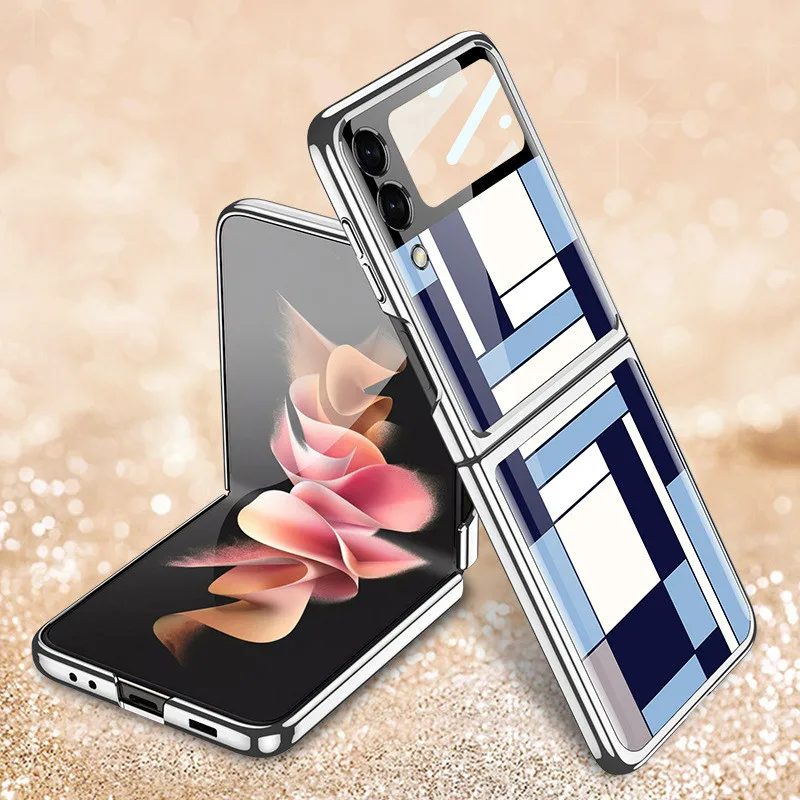 for samsung galaxy z flip3 flip 3 5g phone case camera glass protection plating frame patterned glass back cover free global shipping