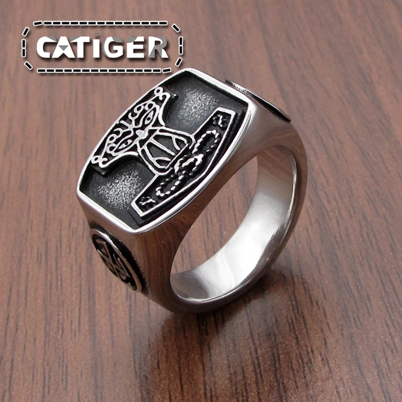 

Free Shipping Vintage Viking Thor Hammer Signet Ring 316L Stainless Steel Mjolnir Rings Norse Pagan Amulet Jewelry Gift