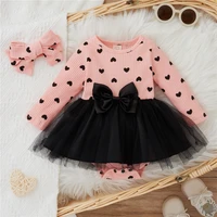 infant baby girl bodysuit spring autumn love print romper stitching bowknot gauze skirt 2022 new cotton long skeeve kids clothes