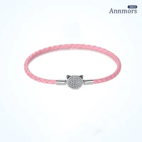 leather round bracelets braided clasp 925 sterling silver pink lucky cat bracelet fine jewelry fit original pandora charm bead