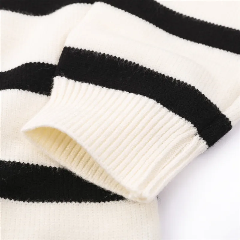 

Women Striped Knit Sweater Loose Long Sleeve High Collar Casual Loose Decorative Button Pullover Tops For Autumn Winter