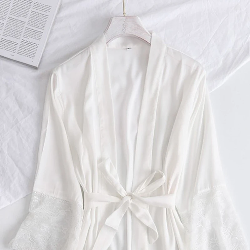 Атласный рукав с кружевом халат для молодых девушек ночная рубашка v-образным