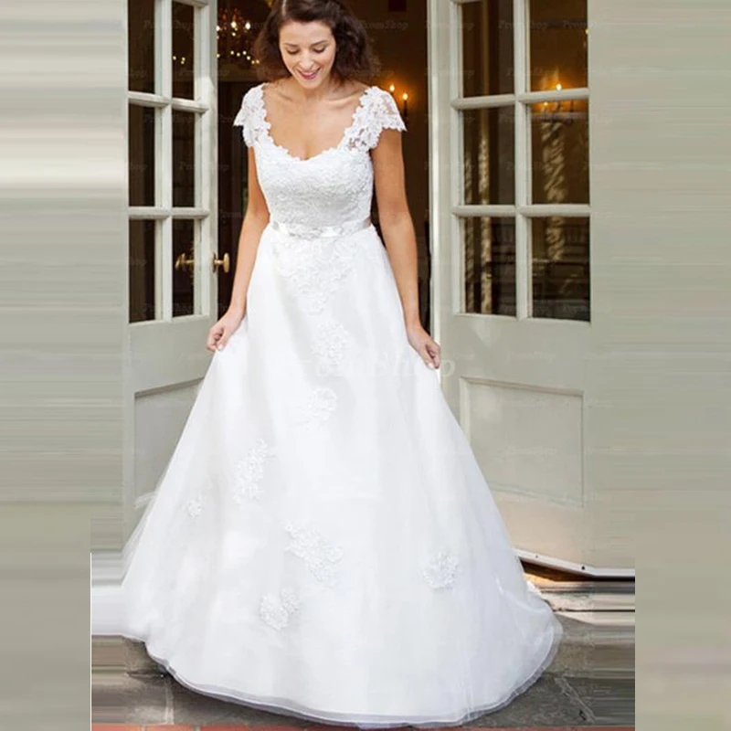 

On Sale Graceful A Line White Lace Short Sleeve Bridal Wedding Dresses Scoop Neckline Illusion Back Wedding Gowns for Bride