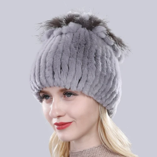 light grey Зимняя женская шапка из меха кролика рекс Леди Мода Настоящий Кролик+ Лисий мех шапочки эластичные теплые модные женские брендовые головные уборы - Цвет: light grey