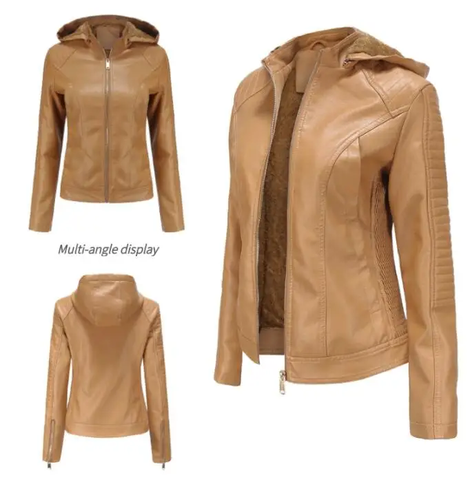 Female Pu Leather Jacket Women Faux Leather Outerwear Women Hooded Warm Leather Coat