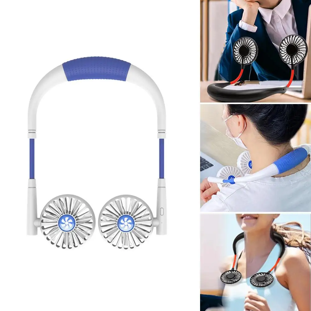 

USB Rechargeable Wearable Portable Hand Free Neckband Fan Personal Mini Neck Double Fans 3 Speed Adjustable for Ourdoor