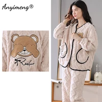 winter warm velvet pajamas set for women retro kimono style casual loungewear for lady new fashion cute bear sleepwear for girls