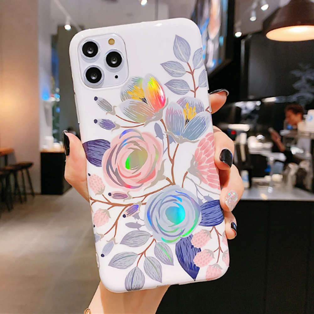 

Flora Laser Phone Case For iPhone 11 Pro Max XS Max XR X 7 8 6 6S Plus Classical Flower Leaf Glossy Soft Cover Cellphone Shell