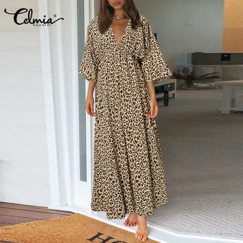 

Celmia 2021 Fashion Leopard Print Dress Women Sexy V-neck Waisted Slit Maxi Vestidos Autumn 3/4 Sleeve Casual Party Robe Longue