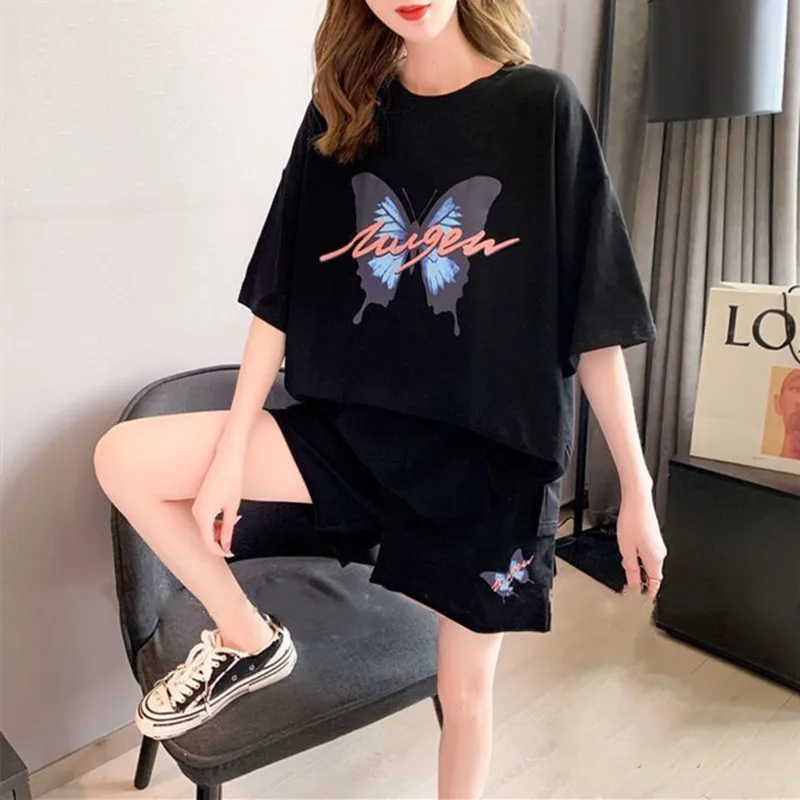 

Women's Summer New Loose Short Sleeve Top Wide Leg Pants Two Piece Suit Butterfly Pattern Stretch Sweatshirt Sports Suits