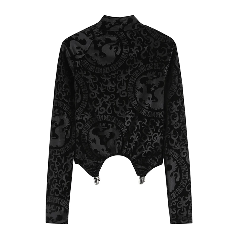 Укороченная женская футболка с воротником-стойкой и длинным рукавом черная