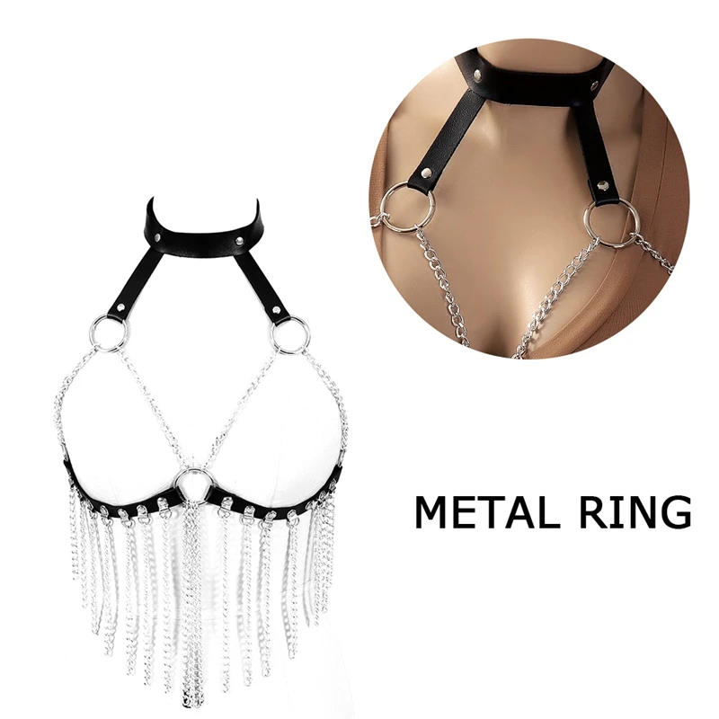 

Punk Metal Chain Tassel Bra Women Leather Chest Bondage Harness Straps Suspender Lingerie Sexy Erotic Garter Corset Club Rave
