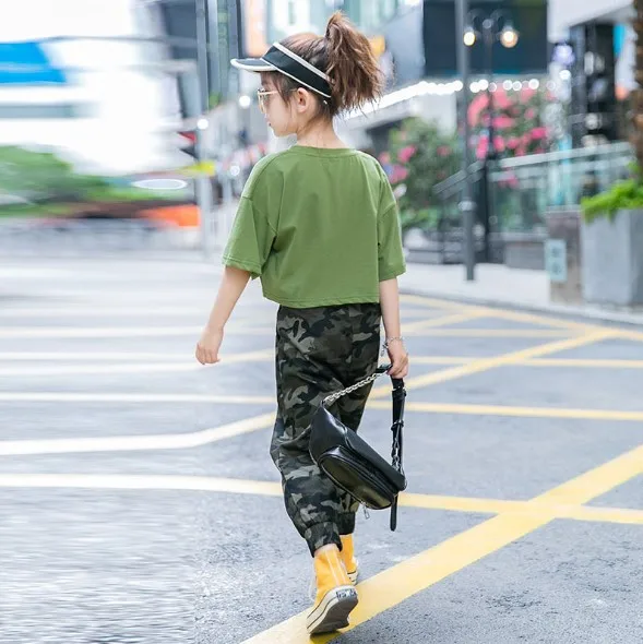 

Girls Summer Clothes Sets Suit 2020 Fashion Big Children Girl Short Sleeve T-Shirt+Camouflage Long Pant 2pc Set Kids Casual Set