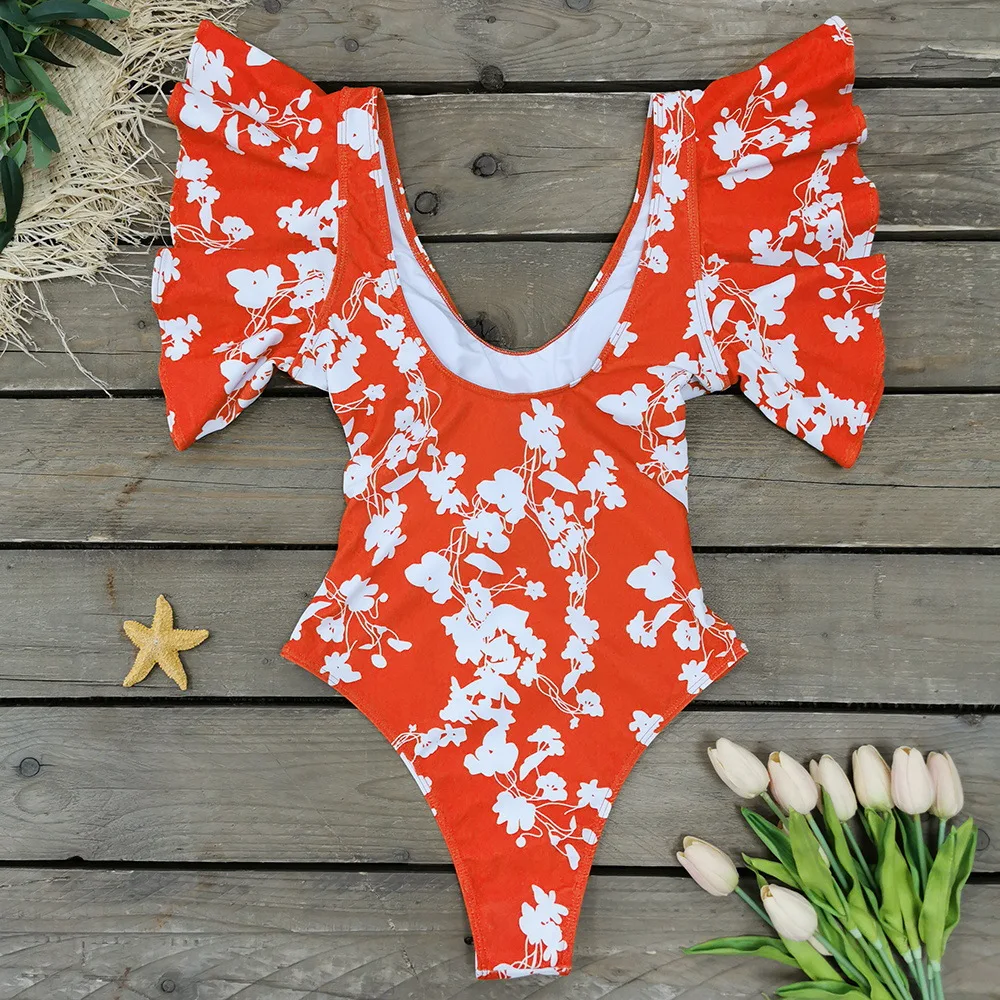 

New Sexy Ruffle Floral Print One Piece Backless Strappy Slimming Swimwear Women Swimsuit Bathing Suit Beach Wear Monkini Lybofly