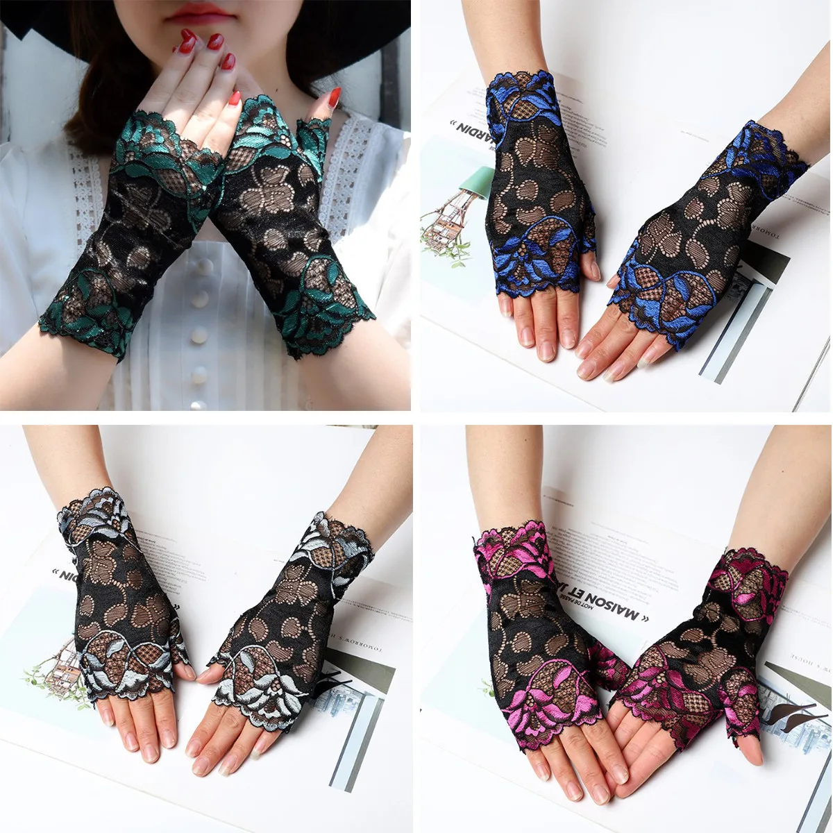 

Sunscreen Fingerless Wrist Gloves Hollow Floral Mesh Lace Mittens Fancy Dress