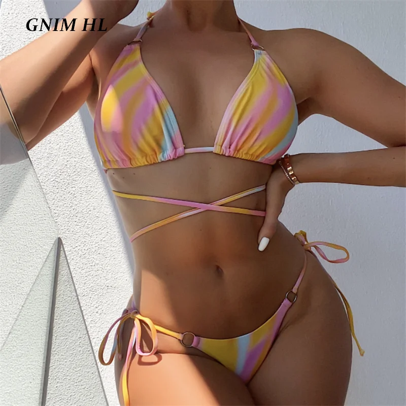 

GNIM Bandage Print Women's Swimsuit 2 Pieces Set Bikini Mujer 2022 Summer Halter Swimwear Sexy Swimming Suit For Women Biquini