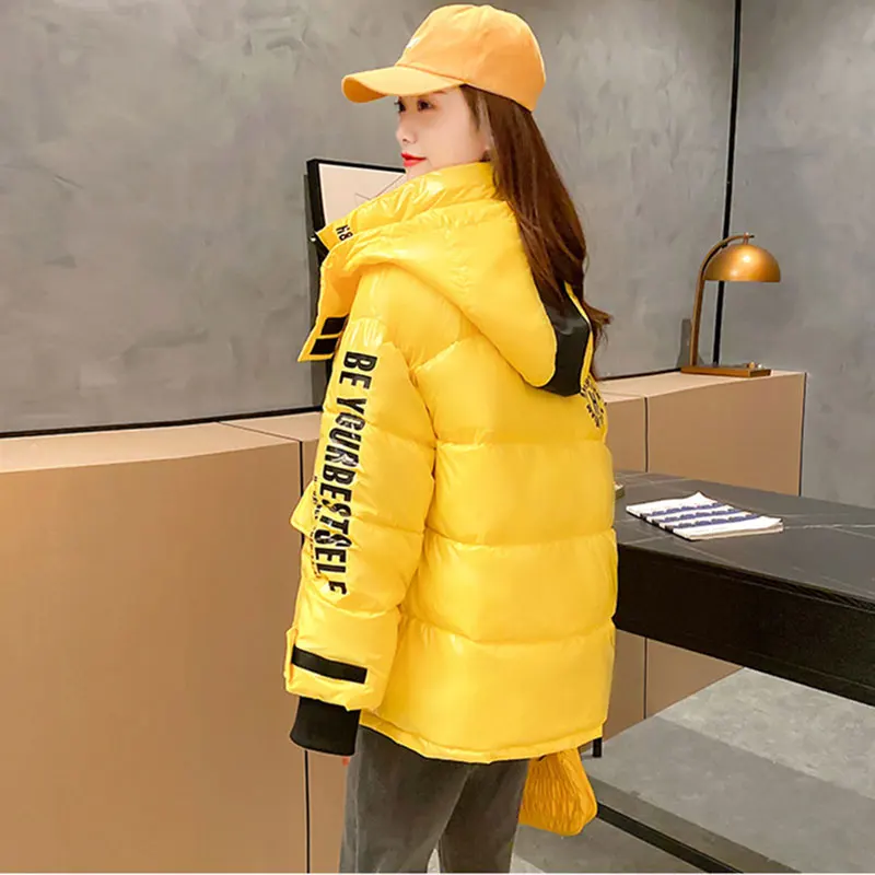 Winter Down Cotton Jacket Thick Women Short Loose Hooded Letters Fashion Streetwear Outerwear Warm Women Glossy Coat Parka DH16