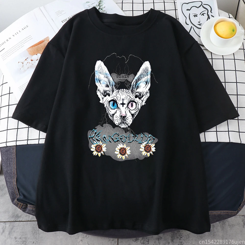 

Vintage Clothing Breathable Loose Different Pupil Hairless Cat Printing T Shirt Crewneck Women's Tshirts Large Size T Shirts