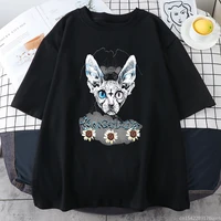 vintage clothing breathable loose different pupil hairless cat printing t shirt crewneck womens tshirts large size t shirts