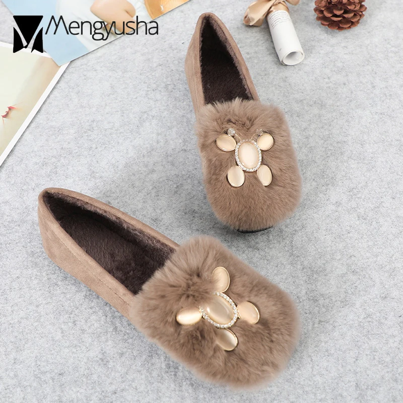 Зимняя обувь Обувь с натуральным мехом кролика Женские из флиса на плоской