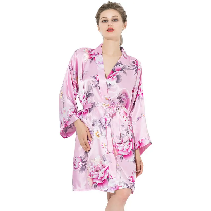 pink YUXINBRIDAL халаты с цветочным принтом цветочный атласный Шелковый Свадебный невесты кимоно для невесты Халаты вечерние халат атласный 002 - Цвет: pink