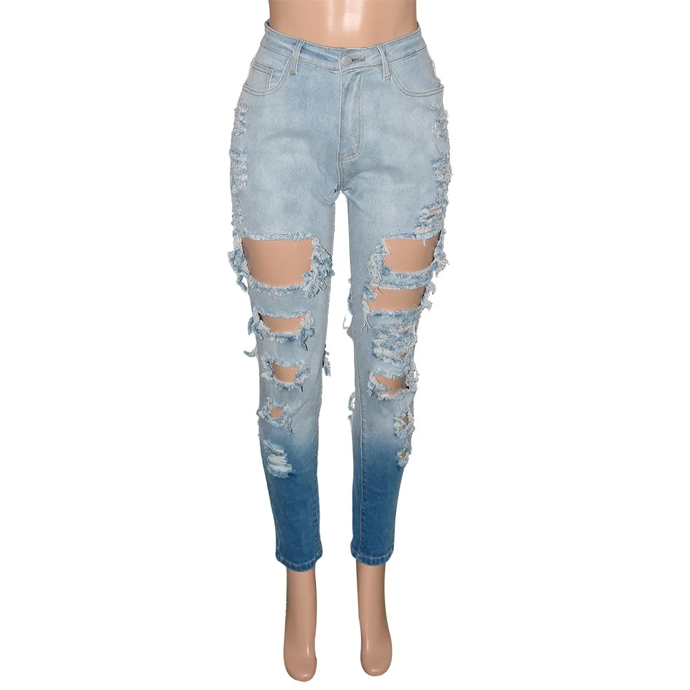 

Fashion Women Streetwear Jeans Pants Ripped Hole Female Trousers High Waist Bottoms Women Denim Pencil Pants