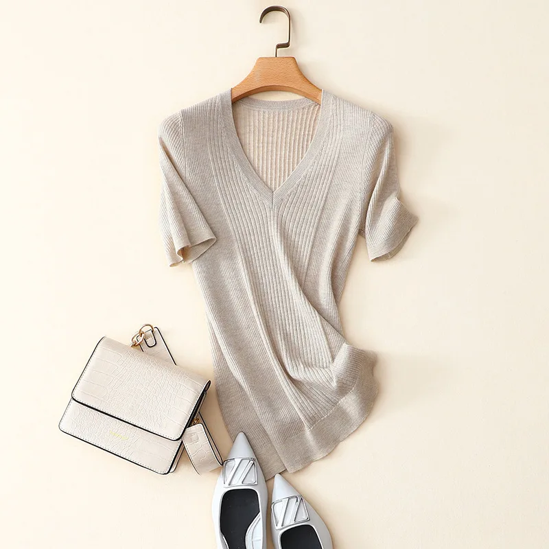 

Женский модный свитер из 100% кашемира с коротким рукавом и v-образным вырезом