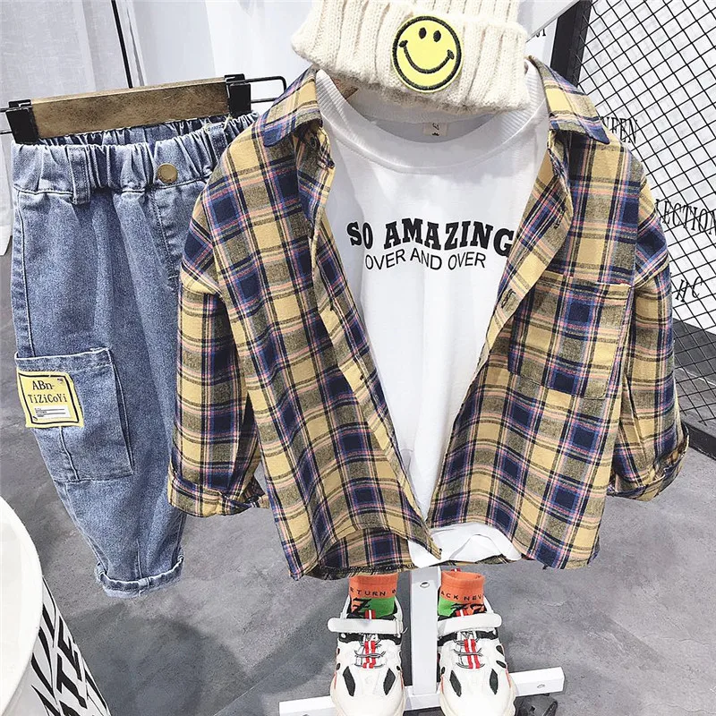 

Baby Boys Clothing Sets Autumn Boys Plaid shirt + T-shirt + jeans 3pcs Boy Set Children leisure suit cotton Children Clothing