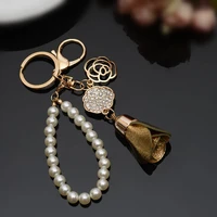 female pearl tassel keychain keyring car chain rings women genuine leather bag car camellia flower jewelry gifts