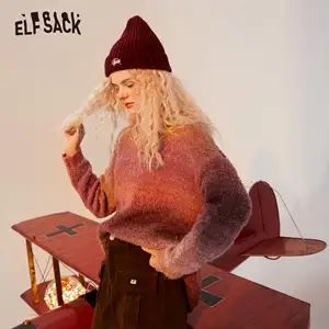ELFSACK, Повседневный пуловер в полоску с градиентом, вязаный свитер для женщин, зима 2021, винтажные корейские женские повседневные мягкие милые топы