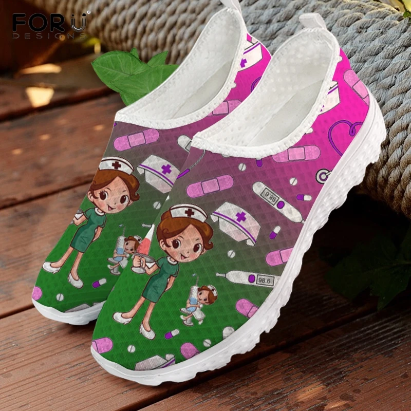 

FORUDESIGNS Funny 3D Cartoon Nursing Shoes for Women Gradient Green Yellow Ladies Slip On Sneakers Casual Summer Female Footwear