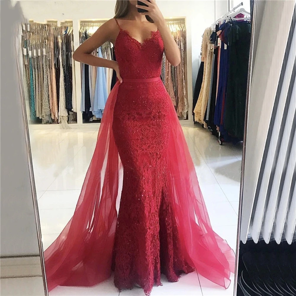 

Mermaid Evening Dress with Overskirt Beaded Lace Spaghetti Straps 2020 Fashion Floor Length Prom Party Gowns Formal Occasion