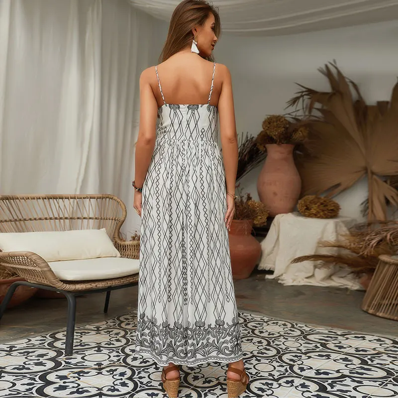 

Summer 2021 Lacework Bohemian Dress Vintage Empire Sleeveless Long Frocks for Women Casual Split Backless Slip Dress Vestidos
