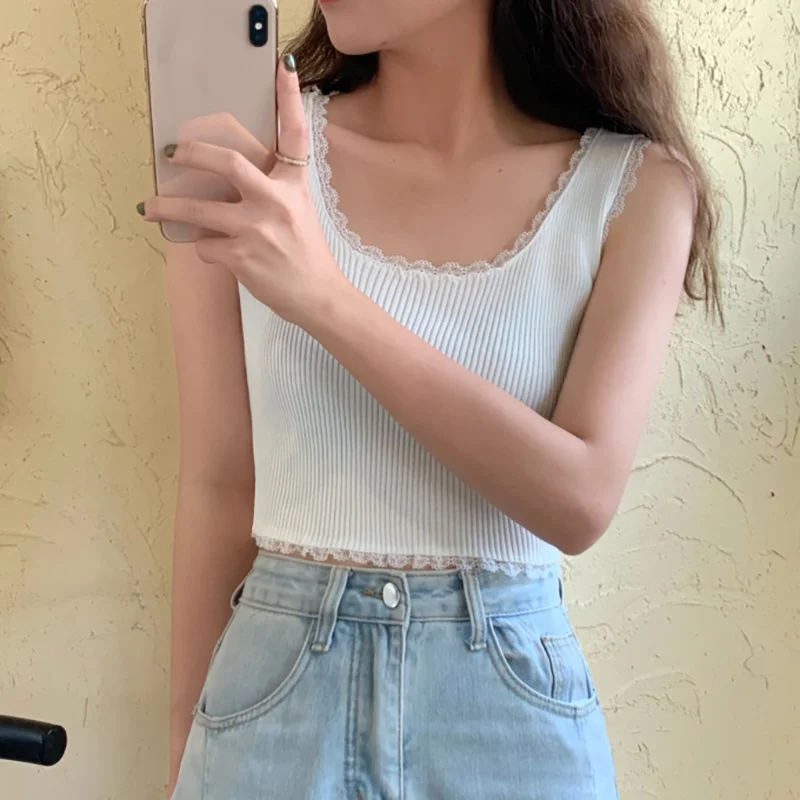 

Sexy Lace Trim Tank Top Solid Color Knit Bottoming Vests Fashion N76 Trendy Women's Camisoles Crop Top