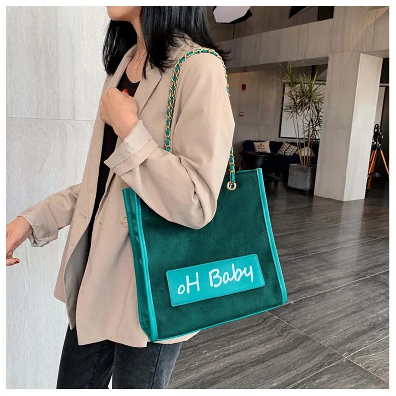 

USOUL smooth matte flock shoulder bag female 2020 new stylish luxury handbag women big capacity letter tote bags suede chain bag