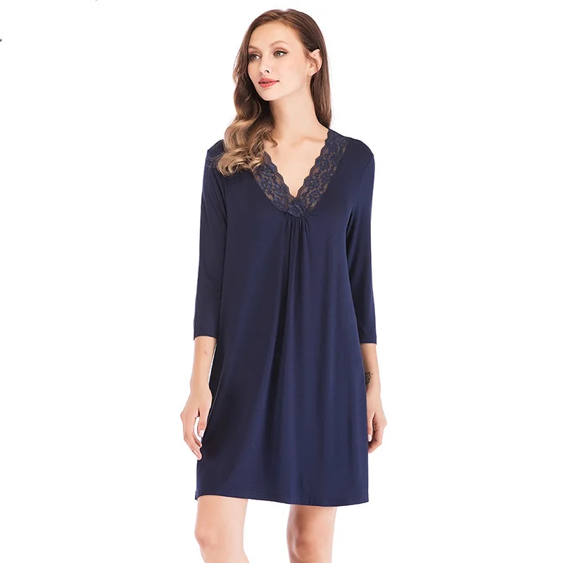 Spring and Summer Women's Nightdress Modal Loose Lace V-neck Simple Women's Home Service Womens Nightgown Sleepwear Sleep Tops