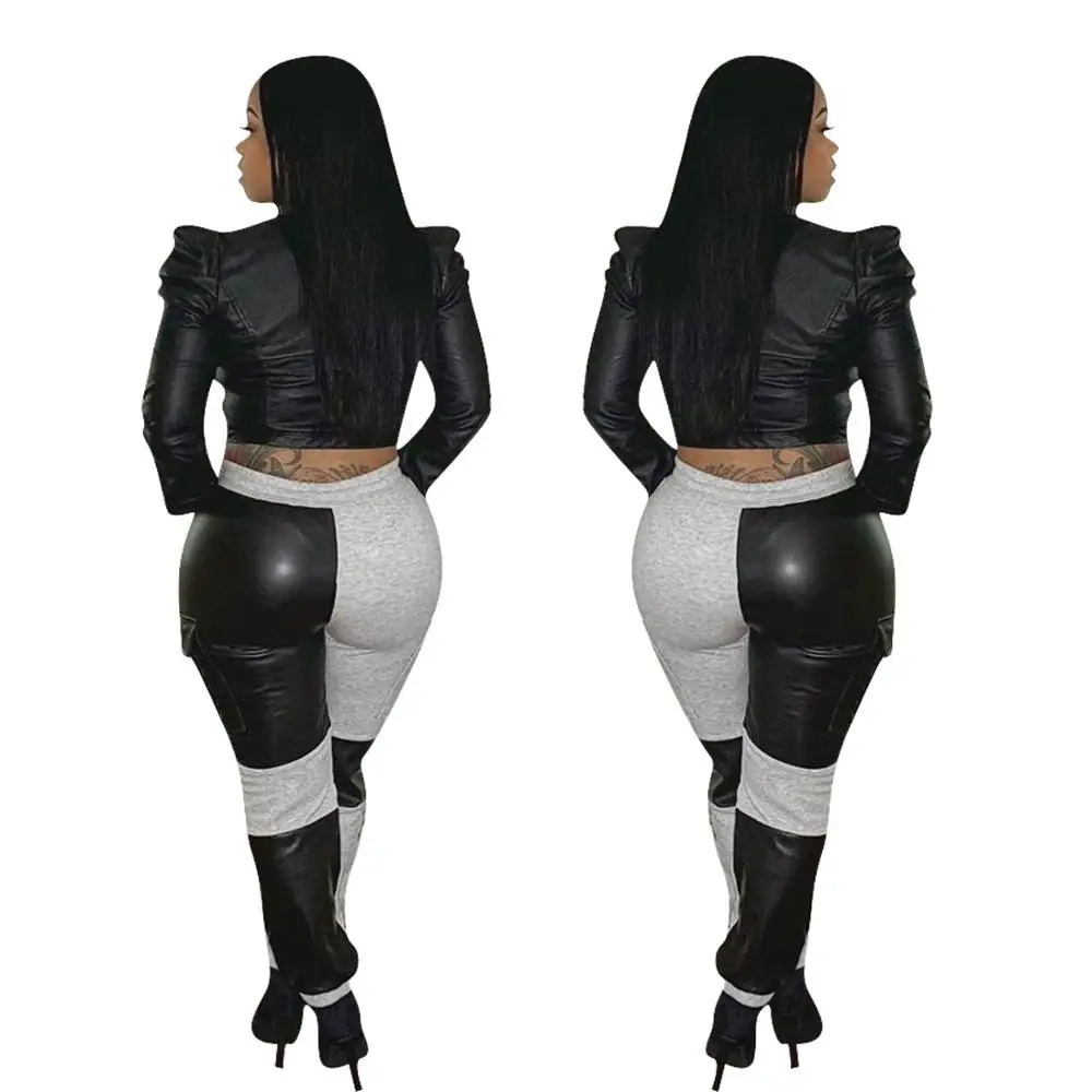 

Hot Selling Women Casual Pants Fashion Female's Autumn PU Patchwork High Waist Drawstring Sports Pants For Sports Party