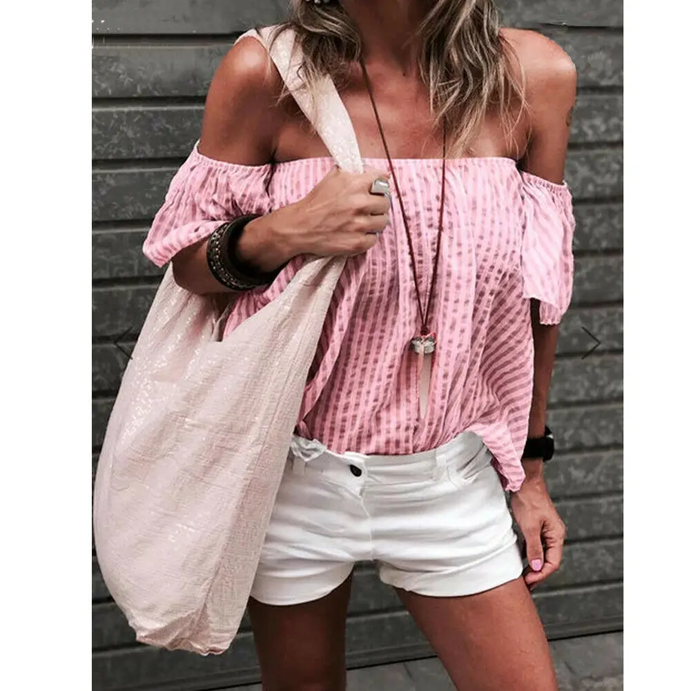 Hirigin летние повседневные женские топы с открытыми плечами коротким рукавом